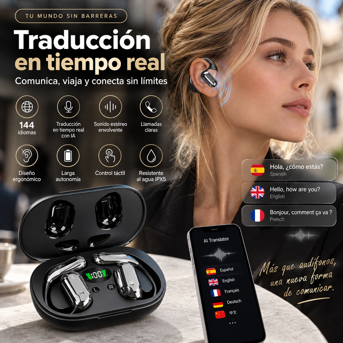 AURIX AI Audífonos Traductores Inteligentes 144 Idiomas