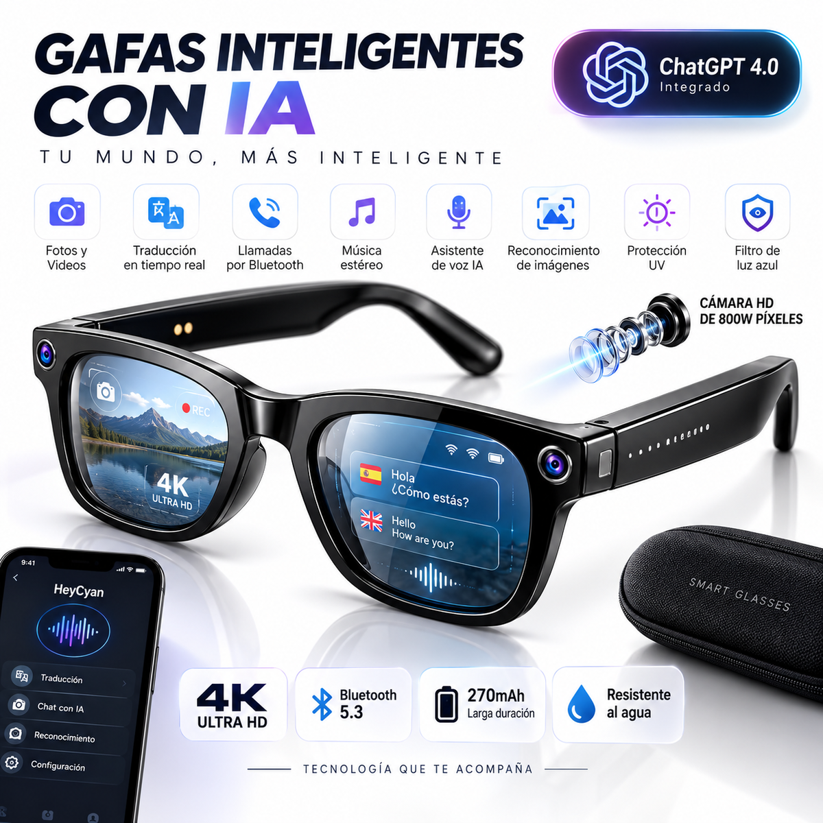SMARTSIGHT Gafas Inteligentes AI con Cámara HD
